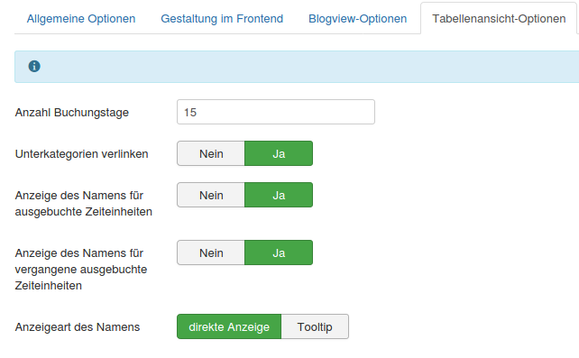 optionen tabellenansicht